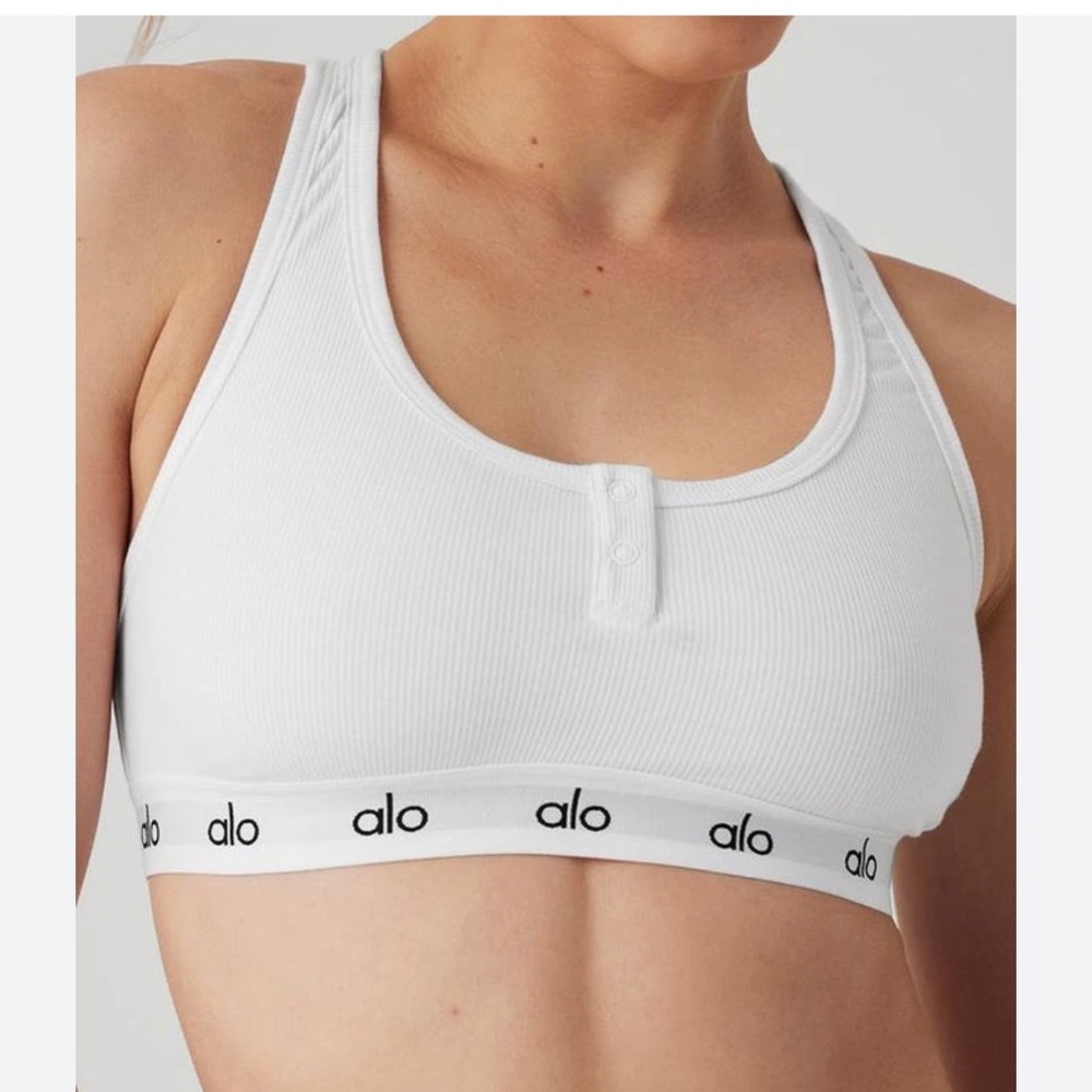 Alo Yoga Icon Ribbed Henley Bra in White